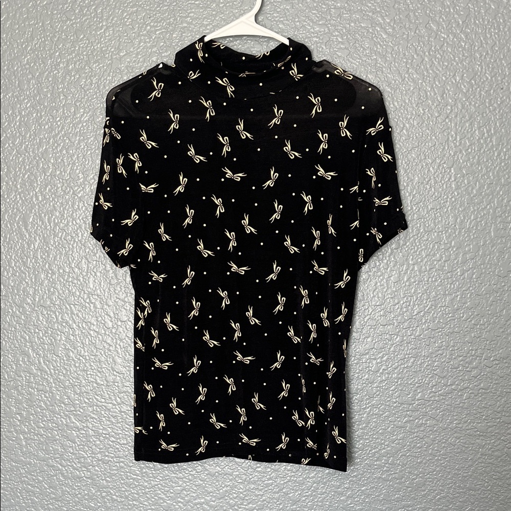 Elegant Black Nylon Short Sleeve Shirt with Cream Bows and polka dot Pattern
